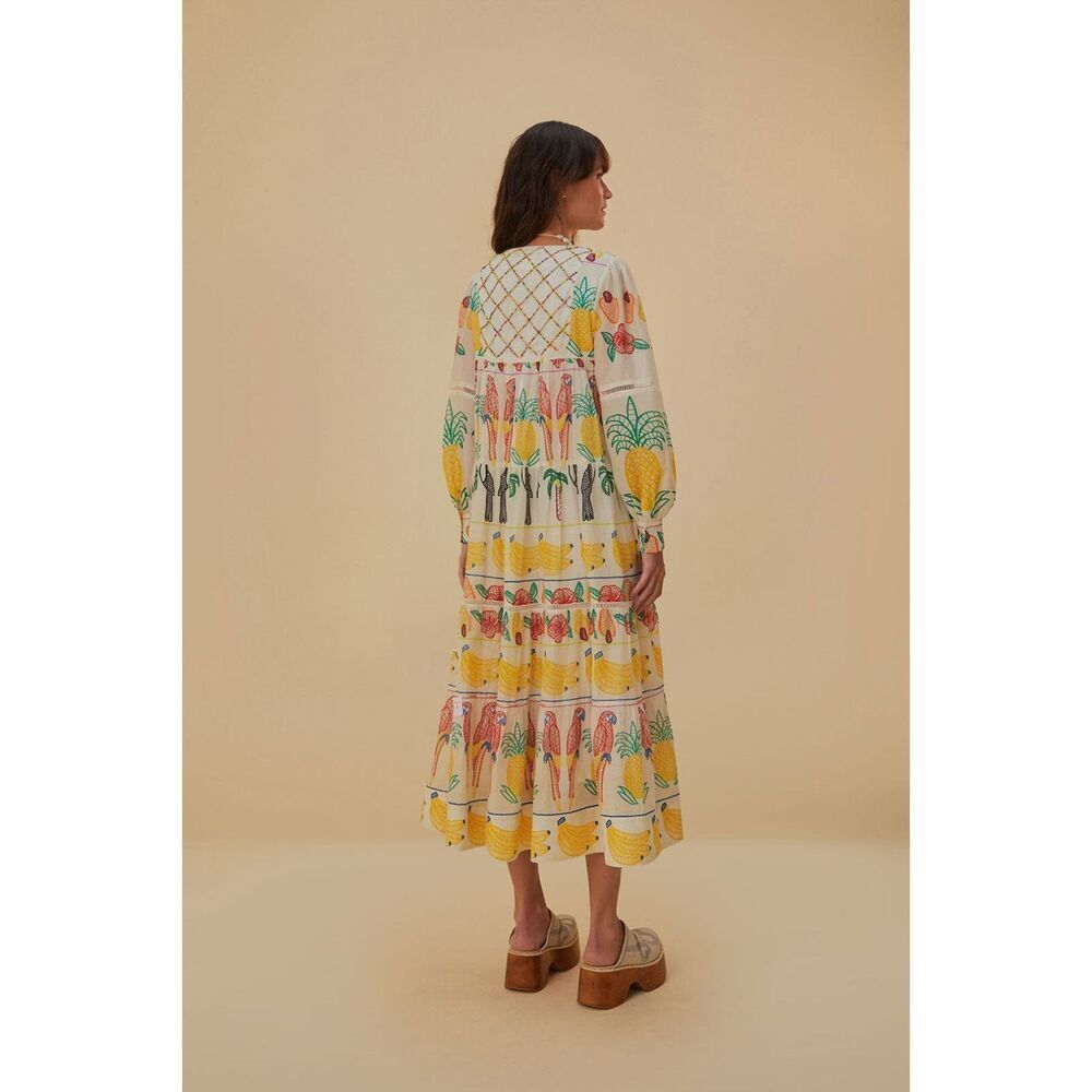 Farm Rio Off-White Tropicolors Yoke Embroidered Midi Dress Small NEW - Picture 3 of 7
